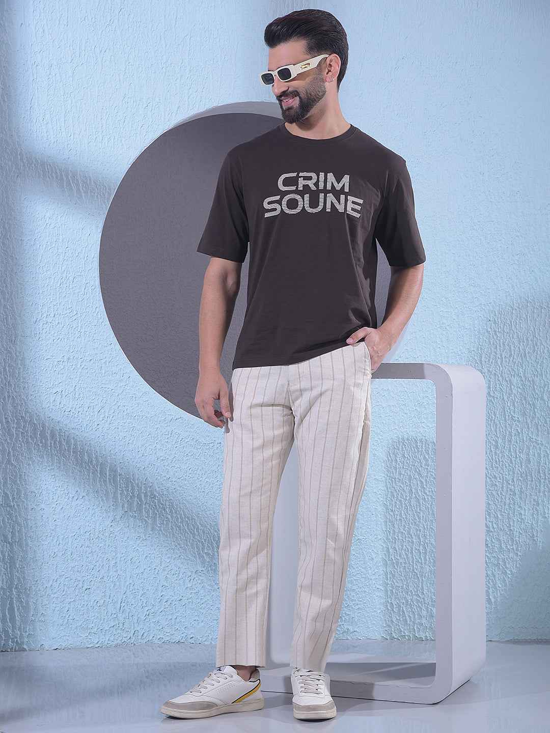 Beige Vertical Stripes Trousers