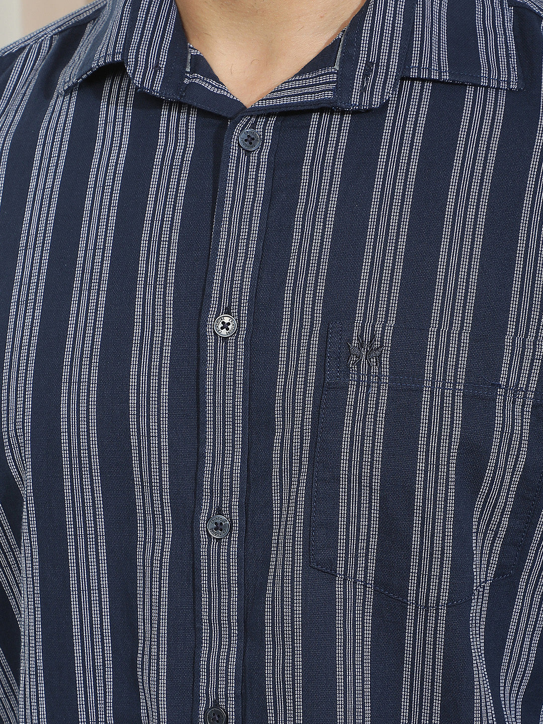 Navy Blue 100% Cotton Verical Stripes Shirt