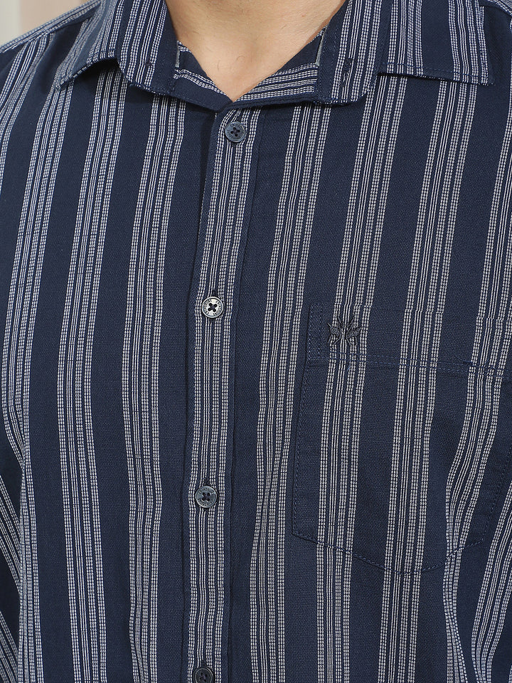 Navy Blue 100% Cotton Verical Stripes Shirt