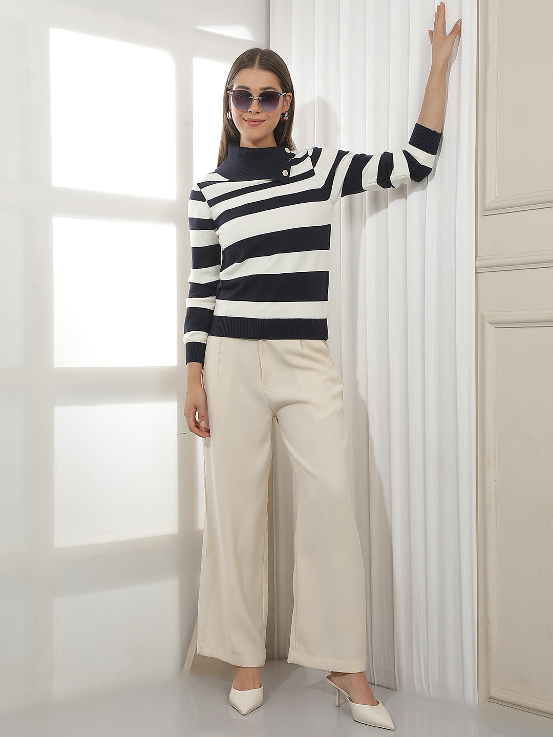Navy Blue Horizontal Stripes High Neck Sweater