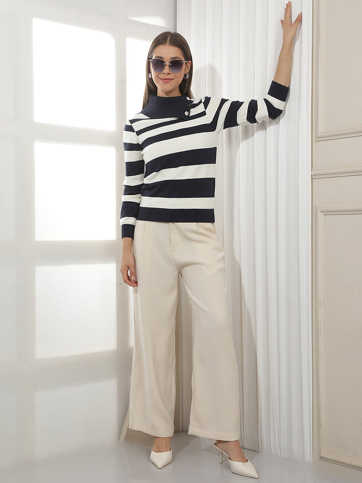 Navy Blue Horizontal Stripes High Neck Sweater