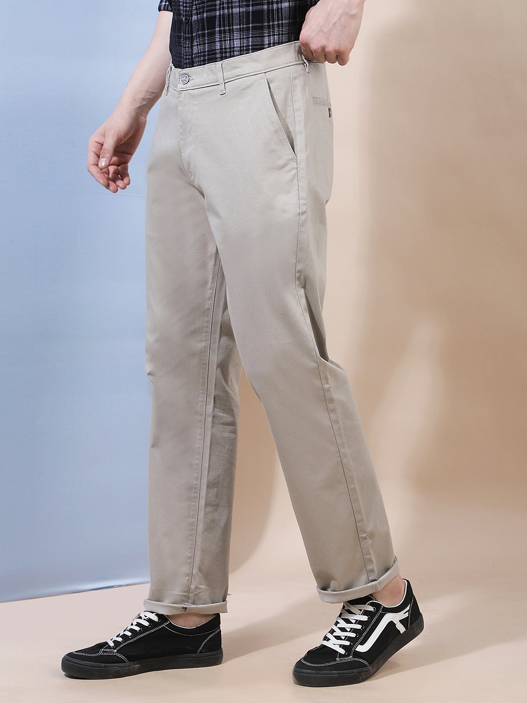 Beige Printed Straight Trousers