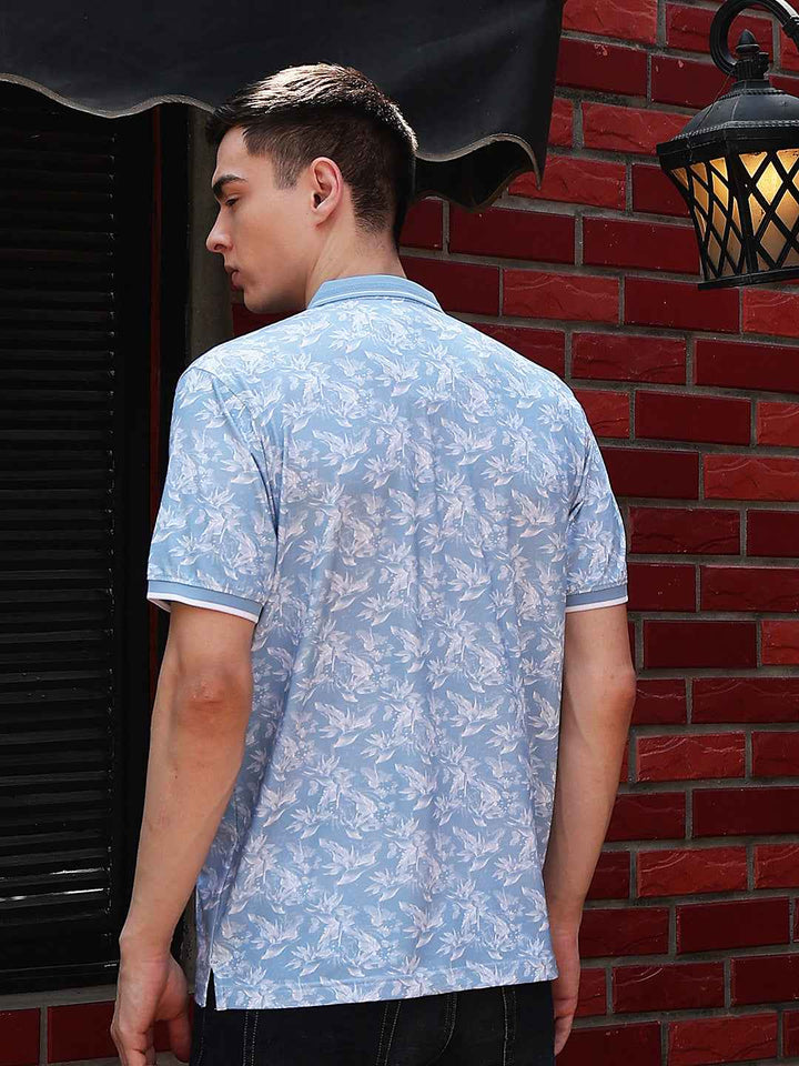 Blue Floral Print Polo Neck T-Shirt