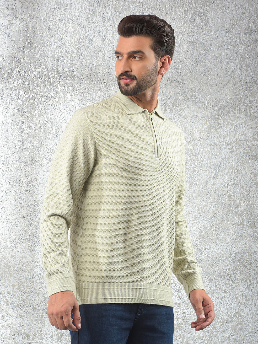 Stretch Fabric Green Jacquard Sweater