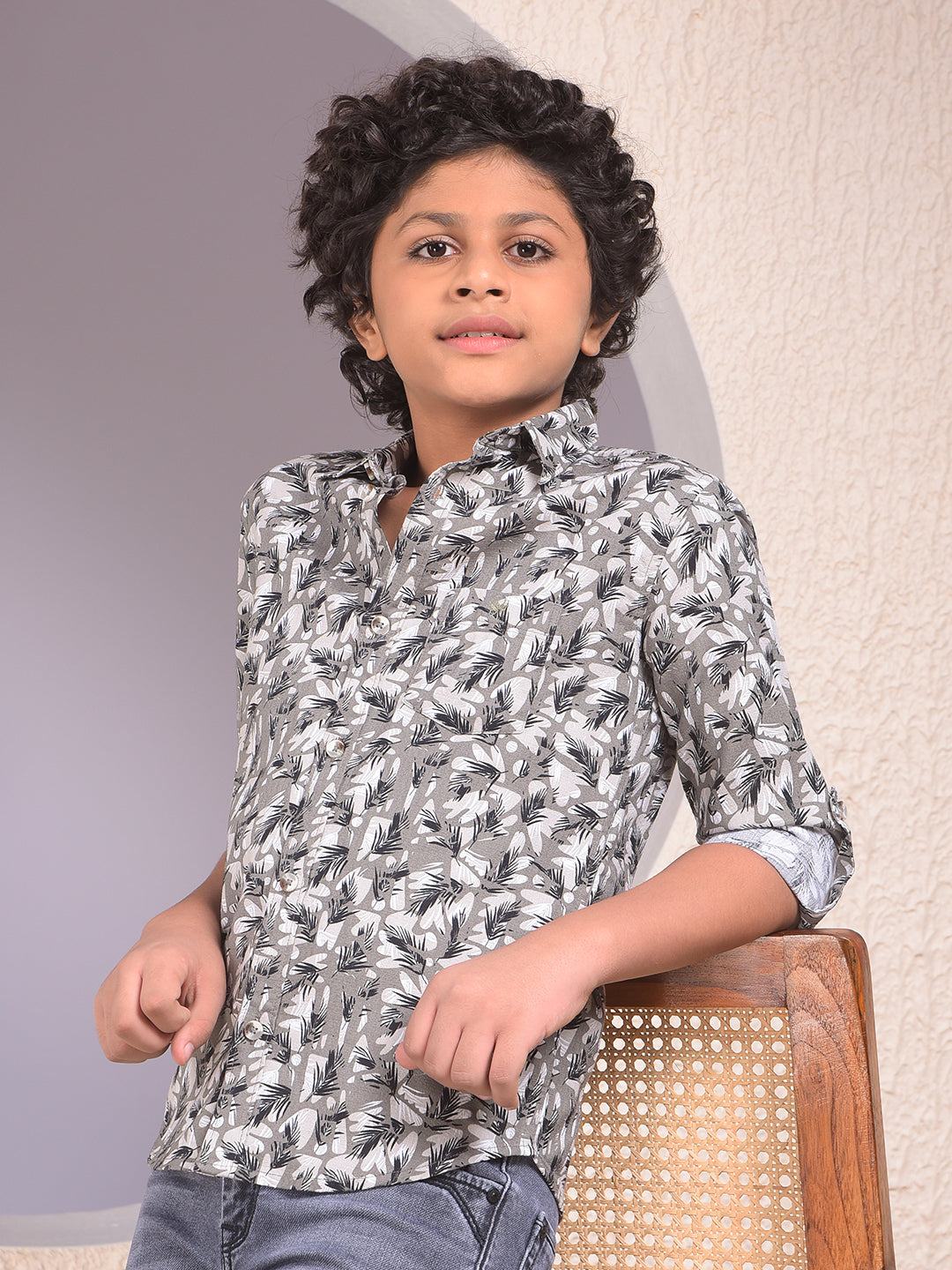 Soft-Hue Grey Floral Print Shirt