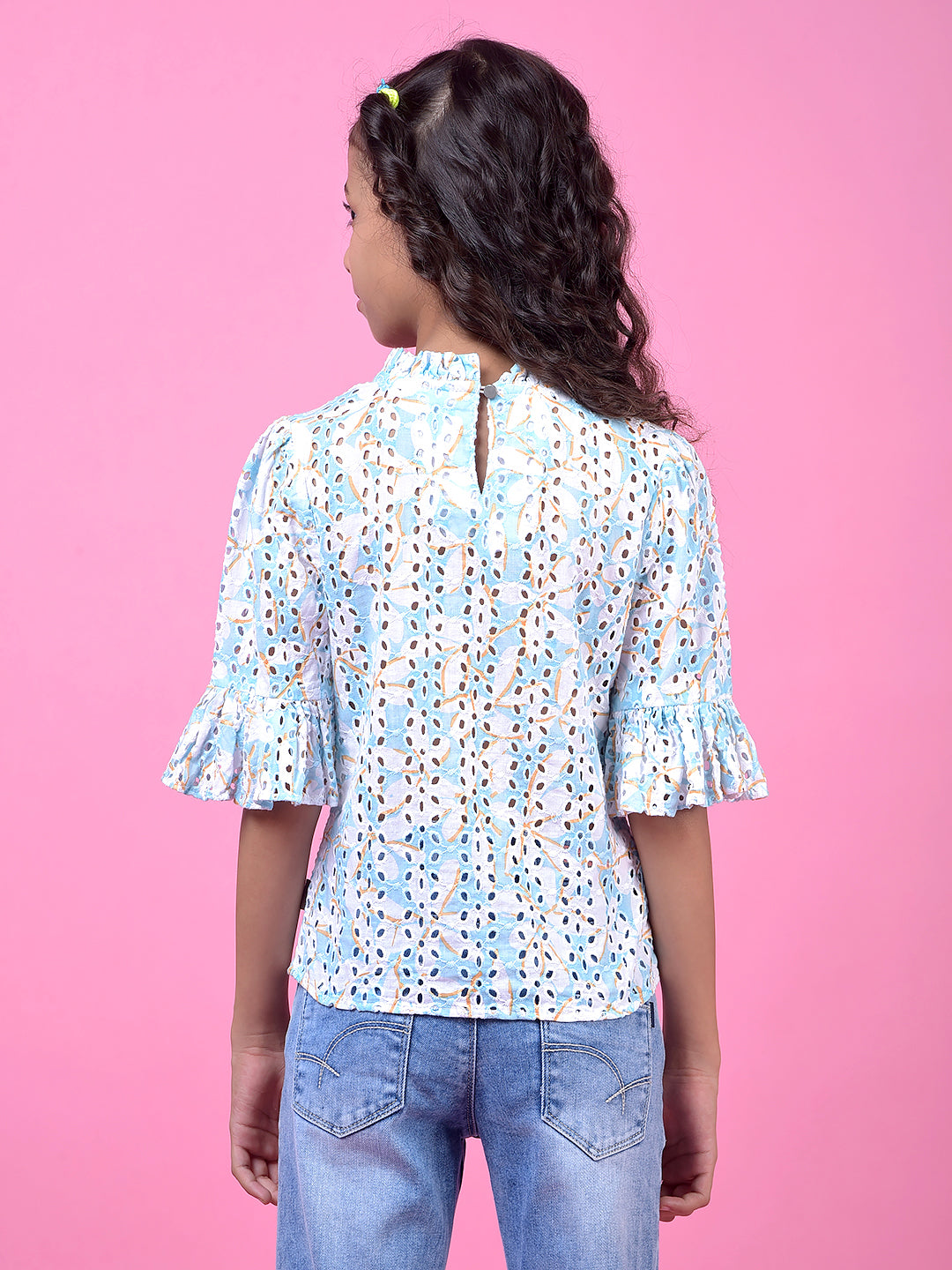 Blue Floral Print 100% Cotton Semi-Sheer Top