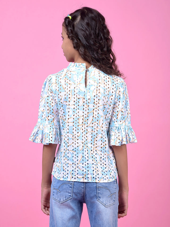 Blue Floral Print 100% Cotton Semi-Sheer Top