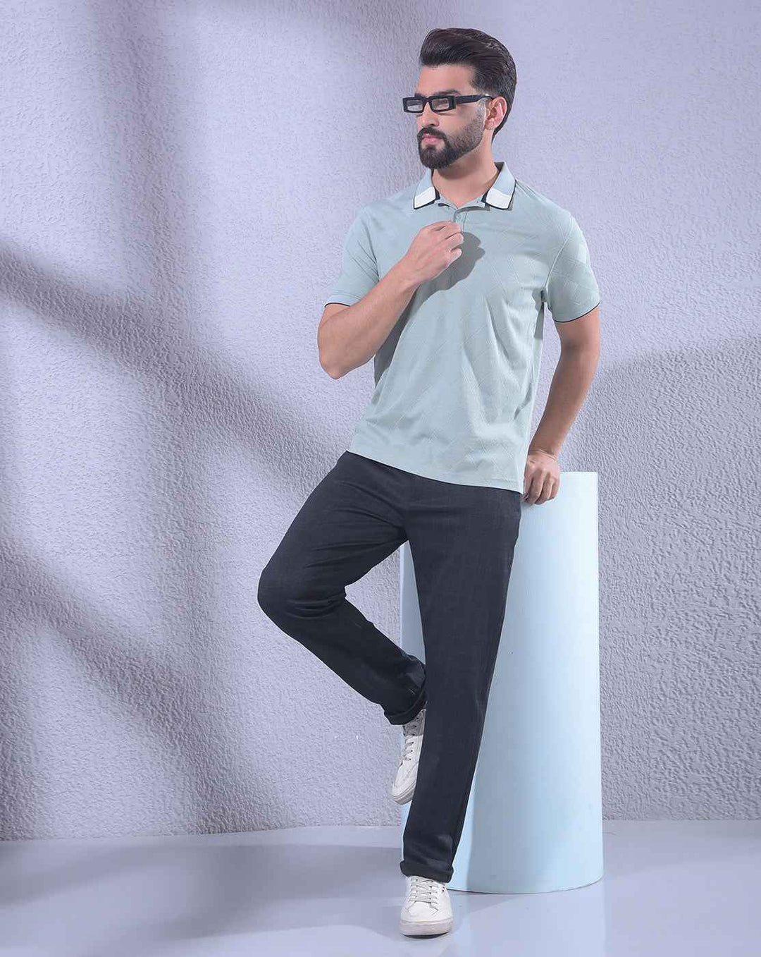 Green Jacquard Polo Neck T-Shirt