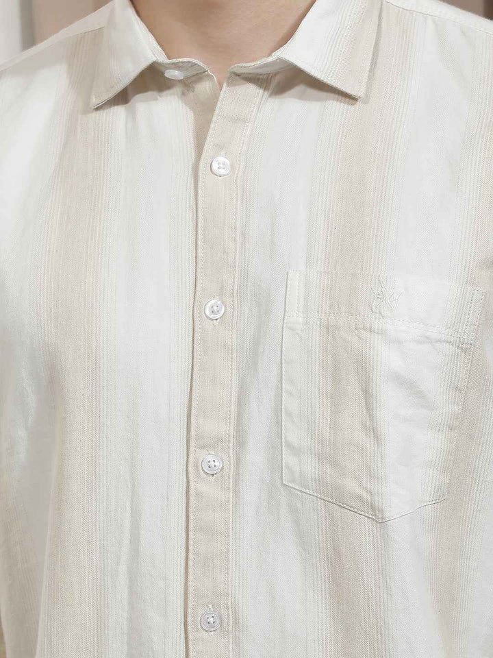 Beige Vertical Stripes 100% Cotton Shirt