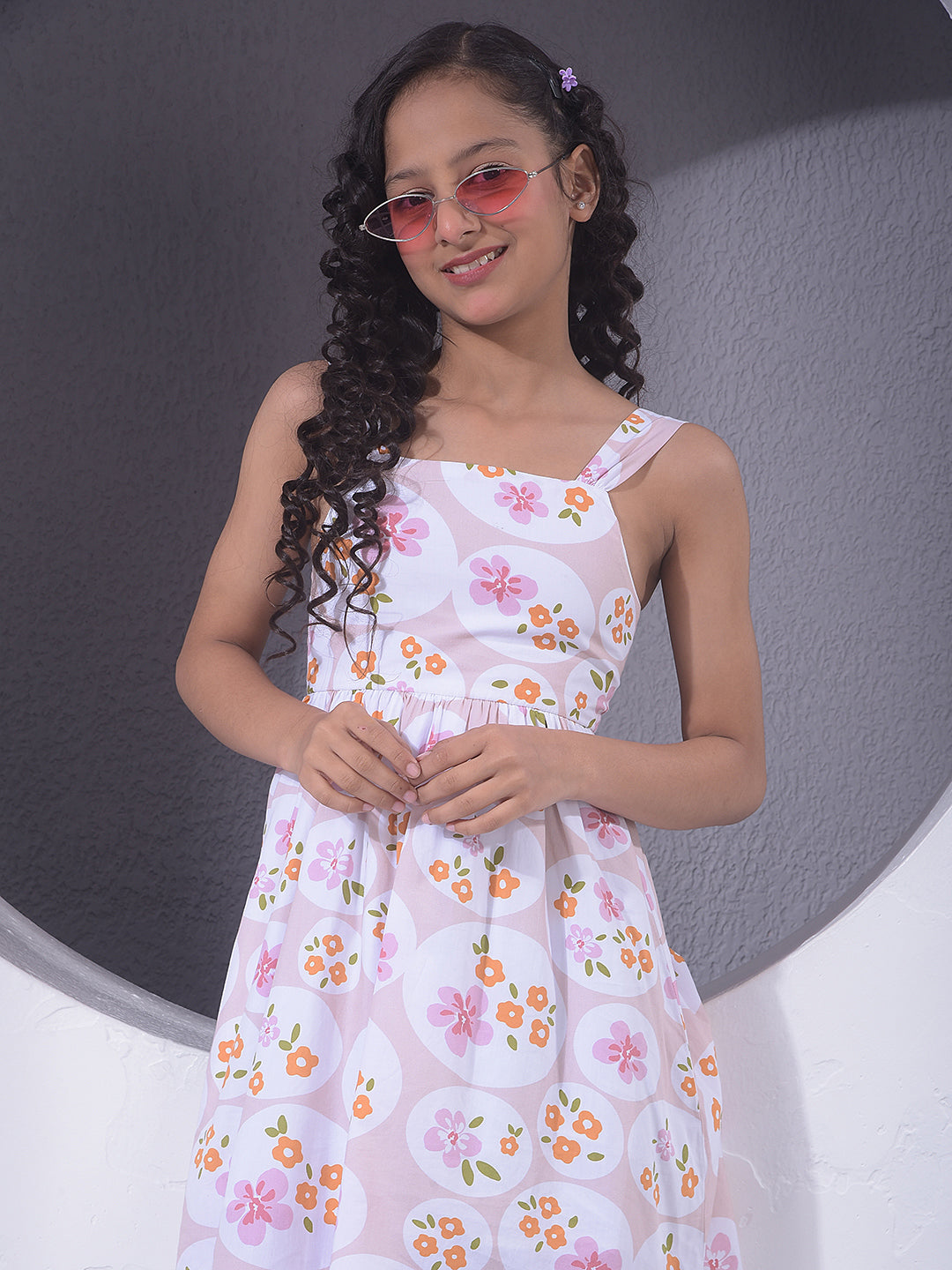 Pink Floral Print Square Neck Sleeveless 100% Cotton A-Line Dress