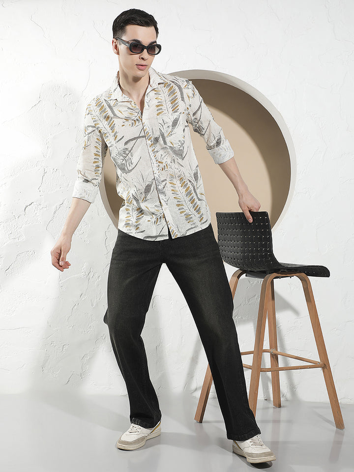 Grey Botanical Print Linen Shirt