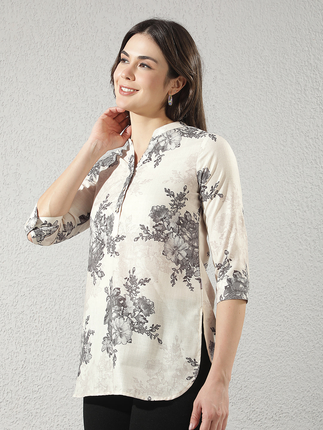 Black Floral Printed V-Neck Top