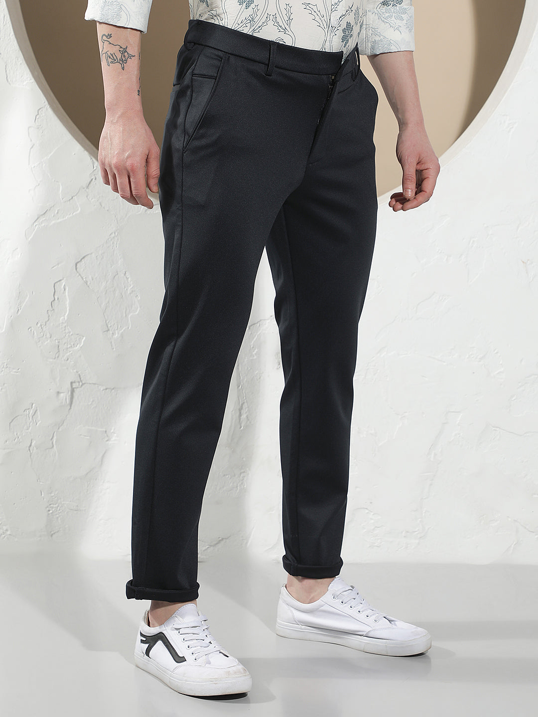 Navy Blue Textured Trousers