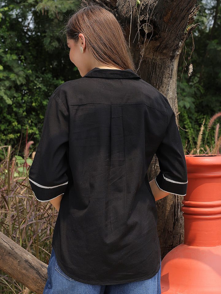 Cotton Black Embroidered Longline Top