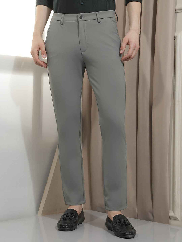Textured Grey Knit Casual Trousers