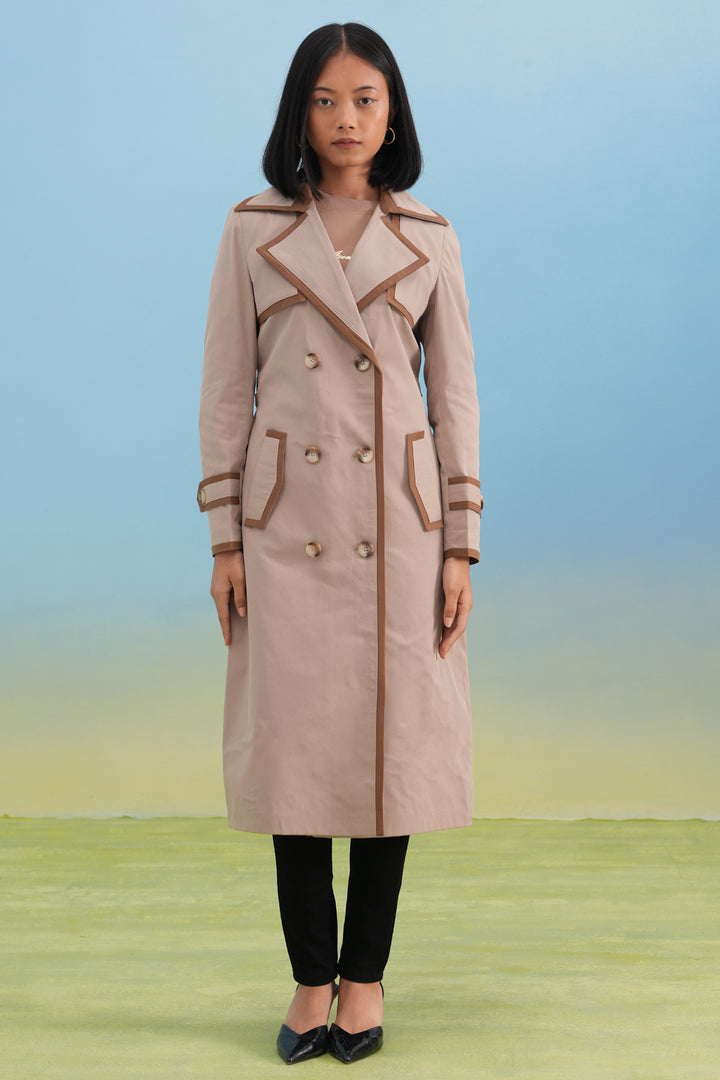 Contrast Trim Beige Belted Over-Coat