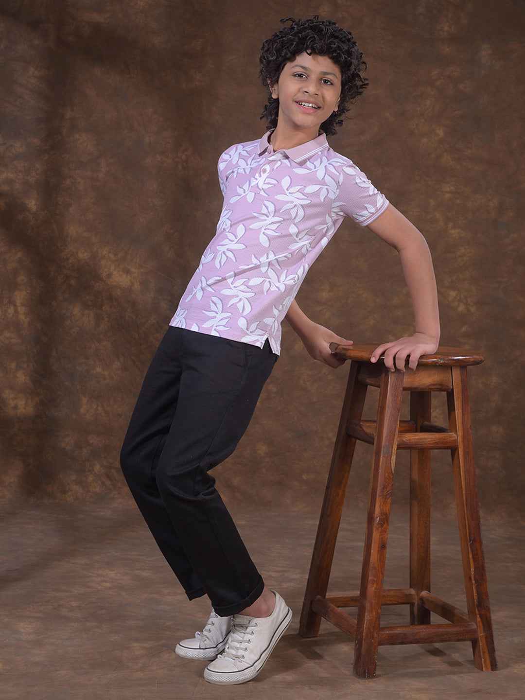 Purple Floral Print Polo Neck T-Shirt