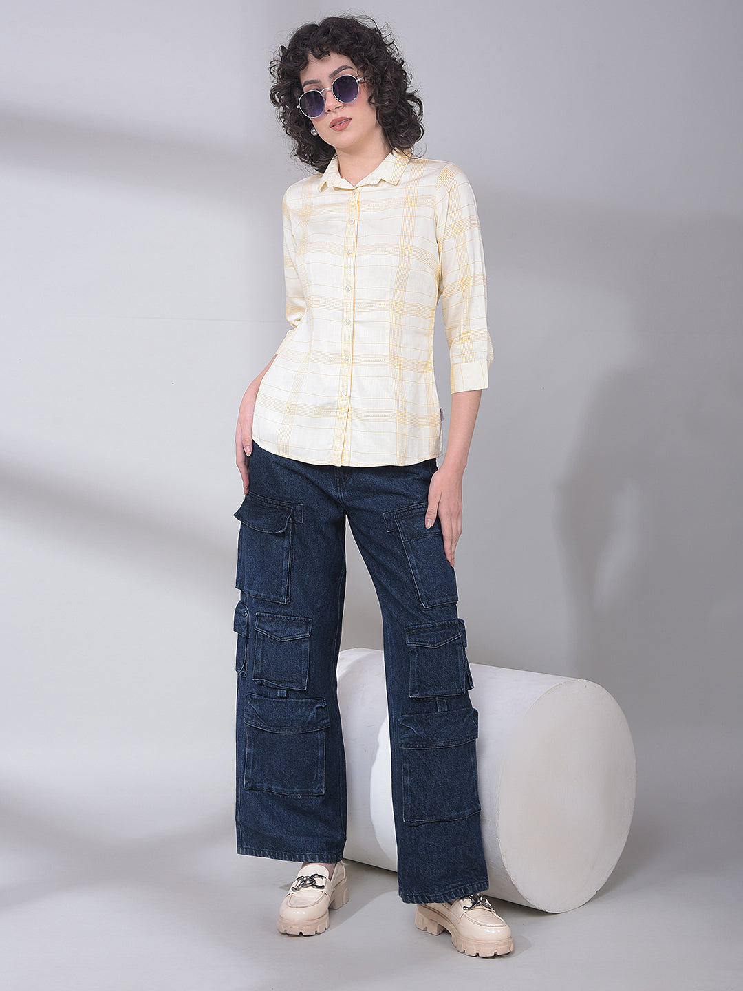Blue 100% Cotton Cargo Jeans-Women Jeans-Crimsoune Club