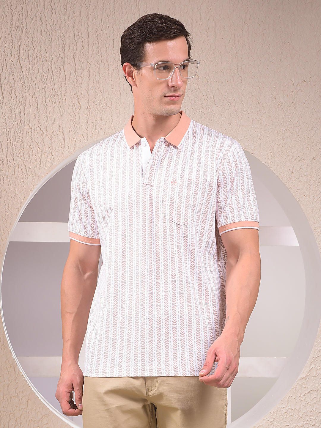 Peach Vertical Stripes Polo Neck T-Shirt