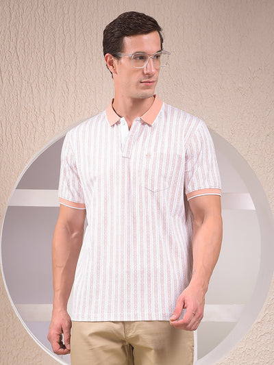 Peach Vertical Stripes Polo Neck T-Shirt