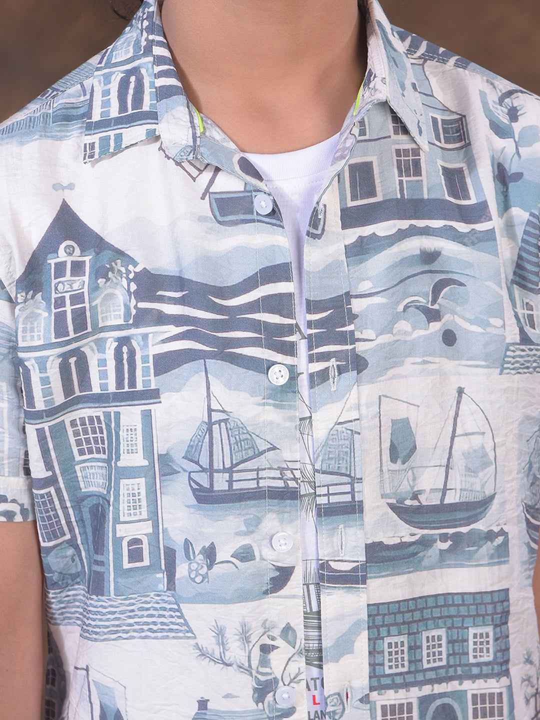 Blue Motif Print Shirt & Tee Set Layered Look