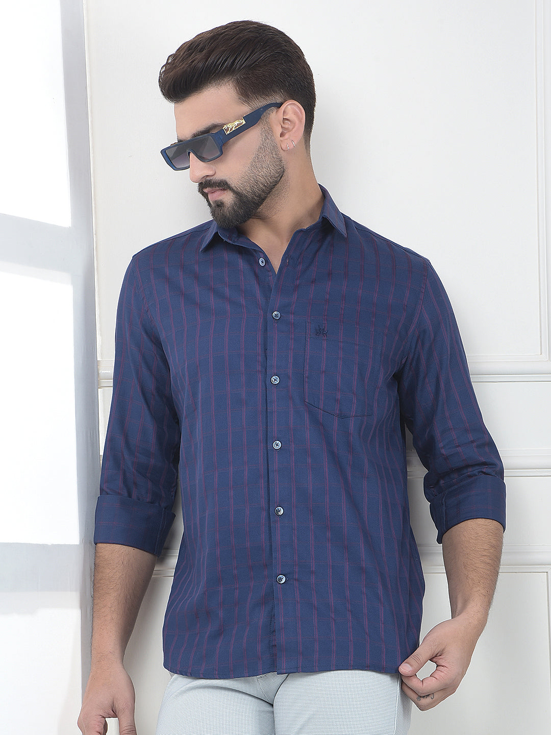 Navy Blue Checked 100% Cotton Shirt