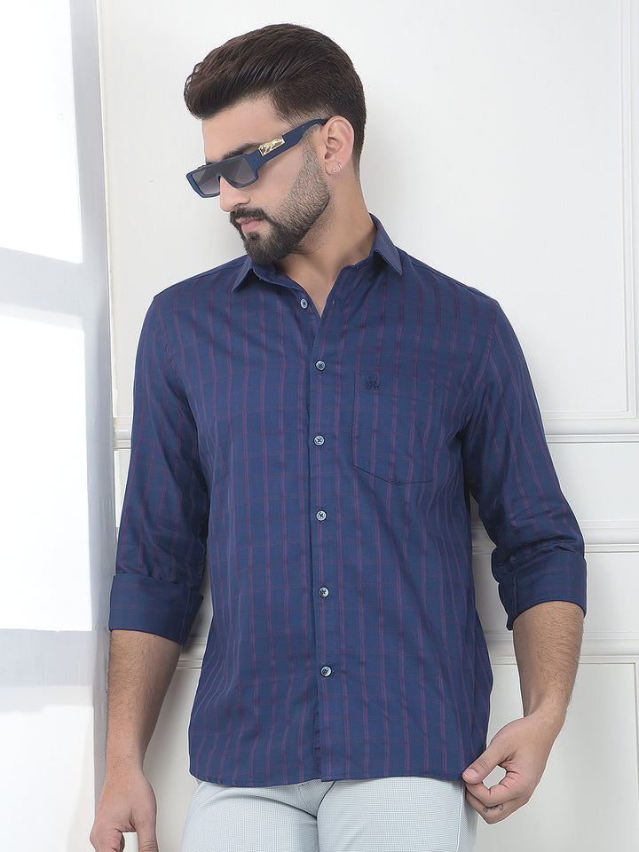 Navy Blue Checked 100% Cotton Shirt