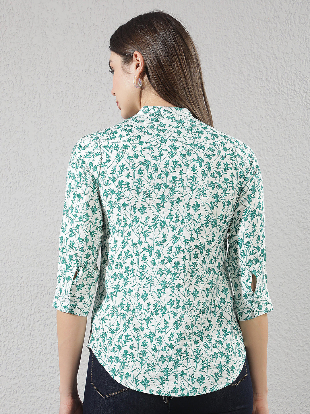 Green Floral Print V-Neck Shirt