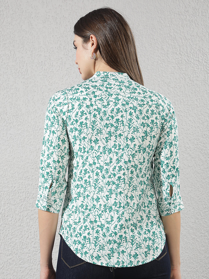 Green Floral Print V-Neck Shirt