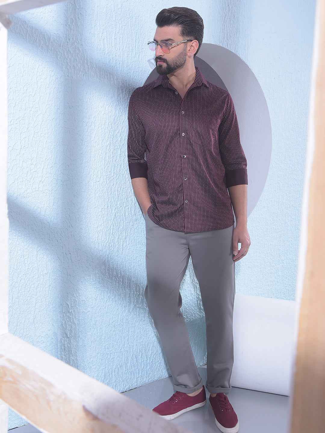 Wine Vertical Stripes Shirt