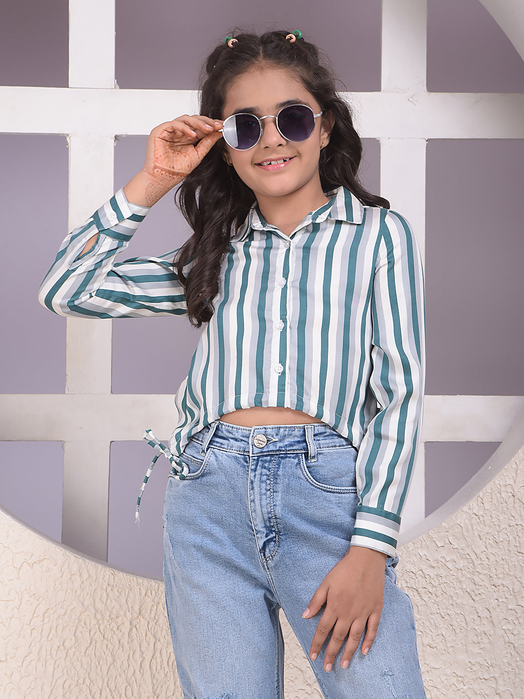 Green Vertical Stripes Modal Cropped Shirt