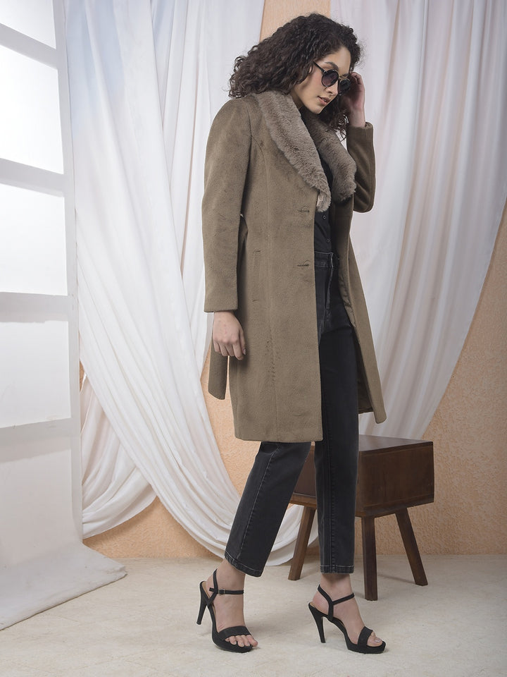 Brown Notched Lapel Overcoat With Belt