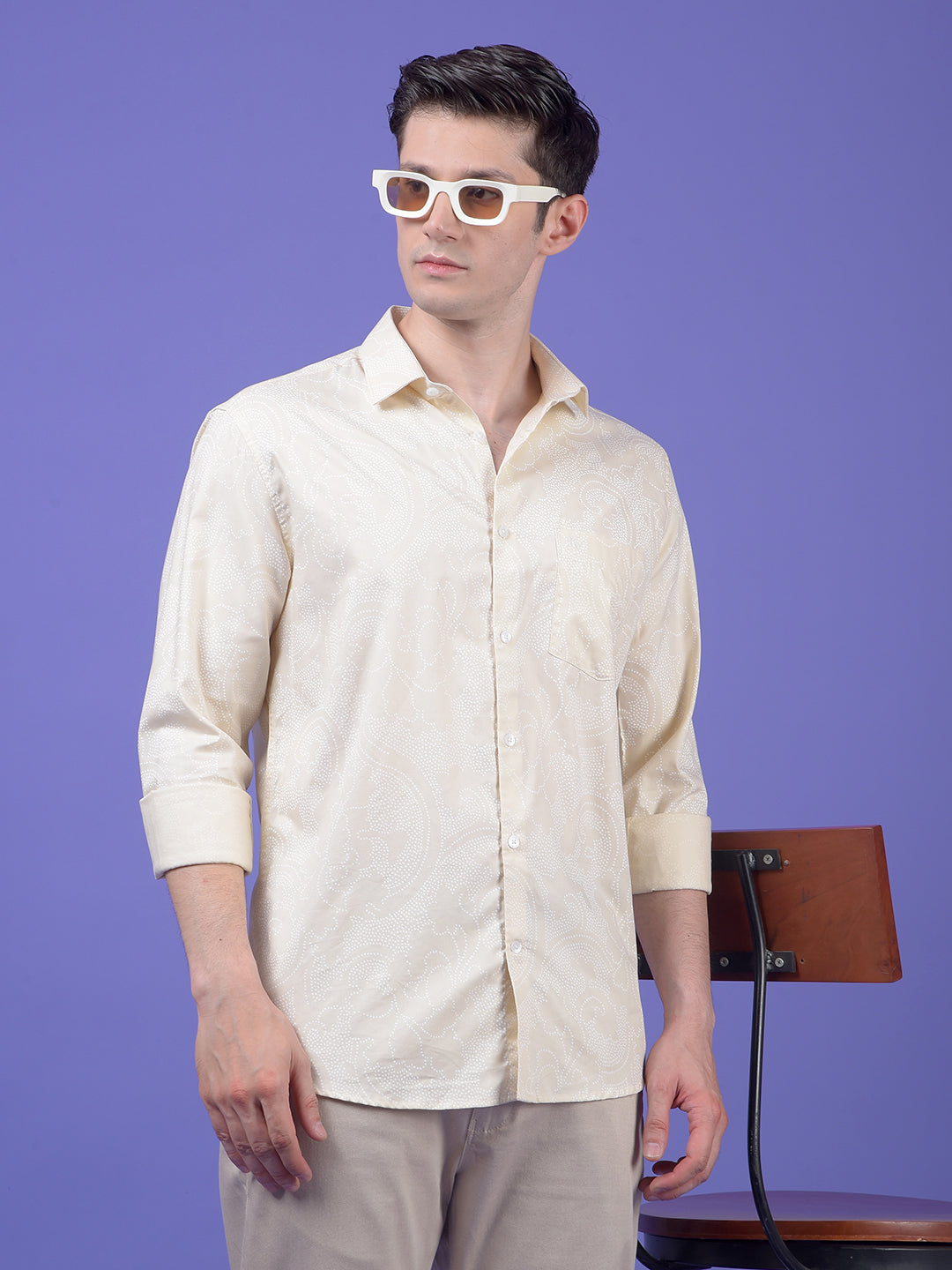 Beige Printed Modal Shirt