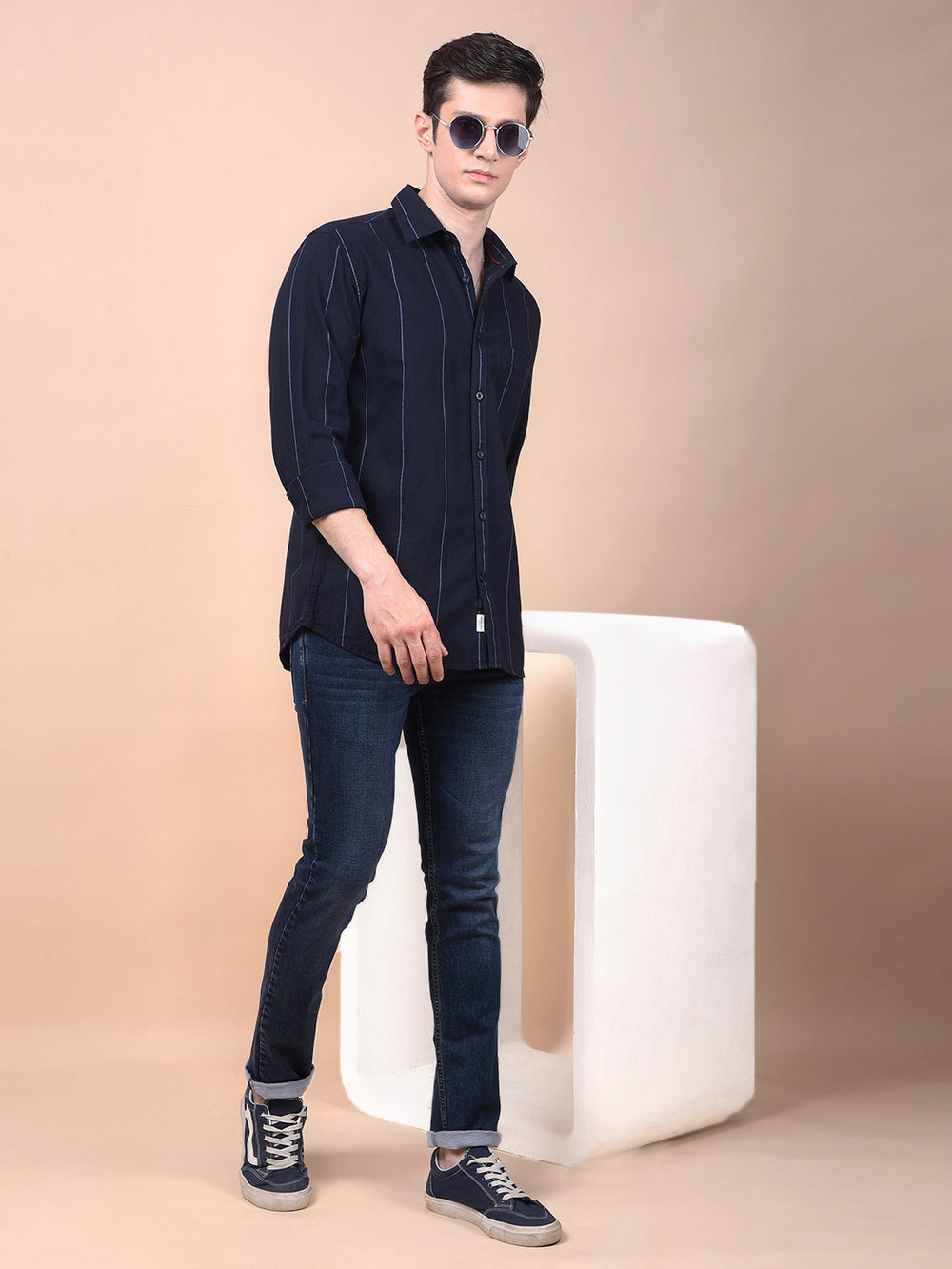 Navy Blue Vertical Stripes 100% Cotton Shirt