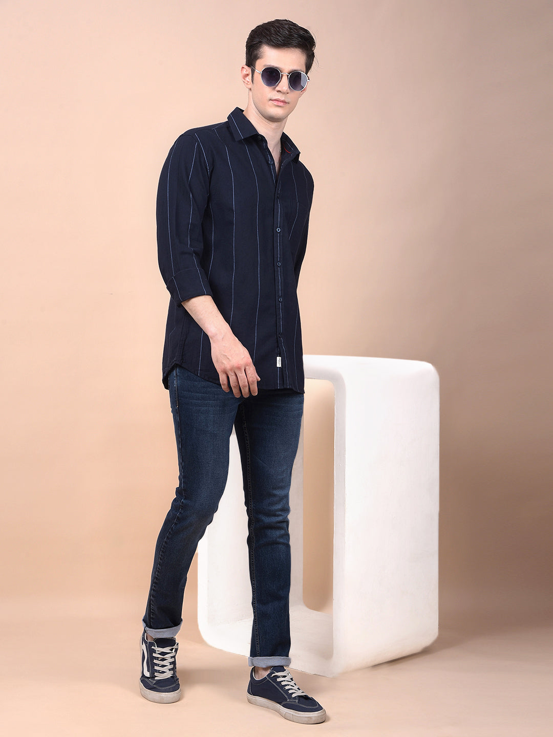 Navy Blue Vertical Stripes 100% Cotton Shirt