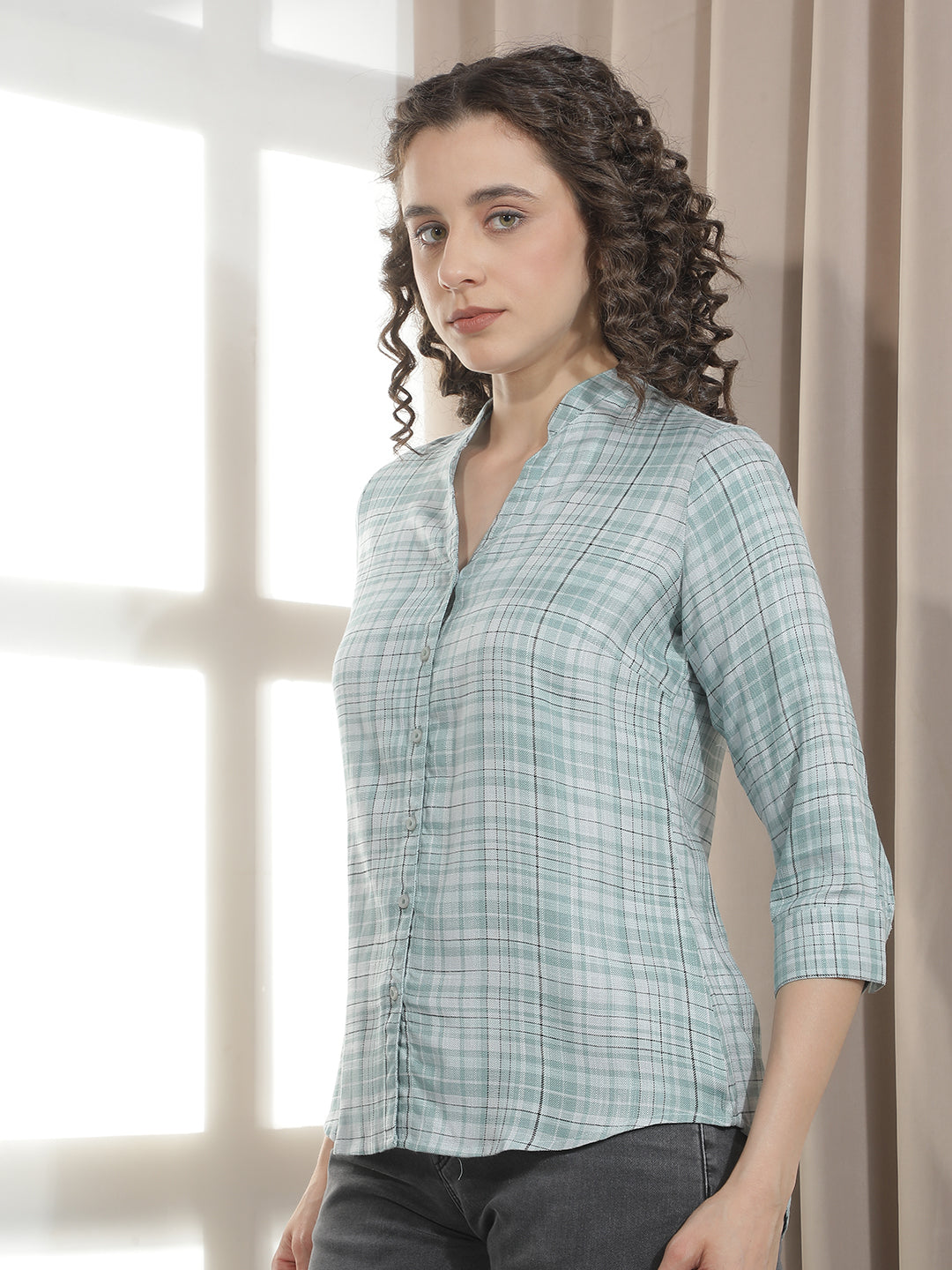 Green Checked V-Neck Shirt