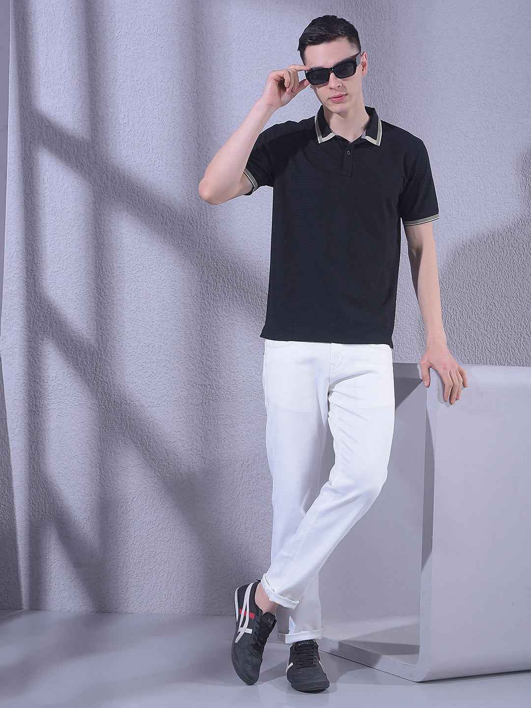 Black Jacquard Polo Neck T-Shirt