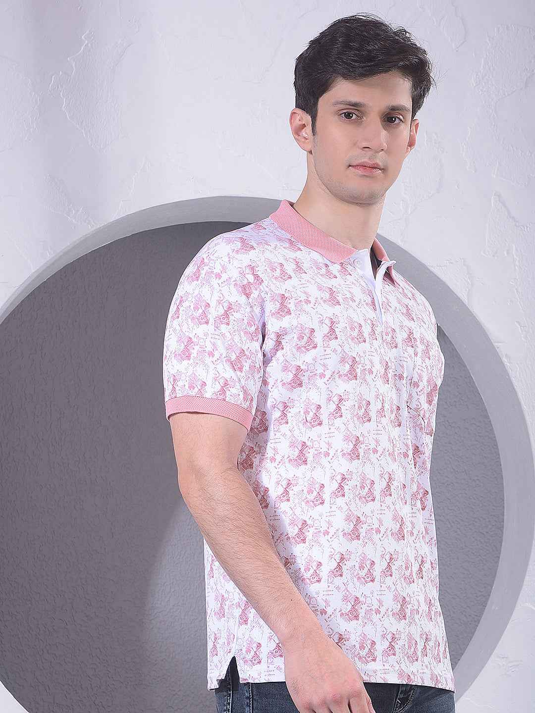 Pink 100% Cotton Geometric Print Polo T-Shirt