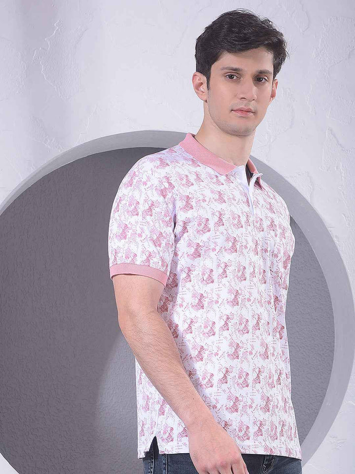 Pink 100% Cotton Geometric Print Polo T-Shirt