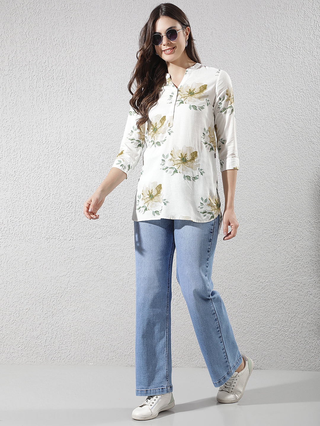 Green Floral Print Longline Linen Top