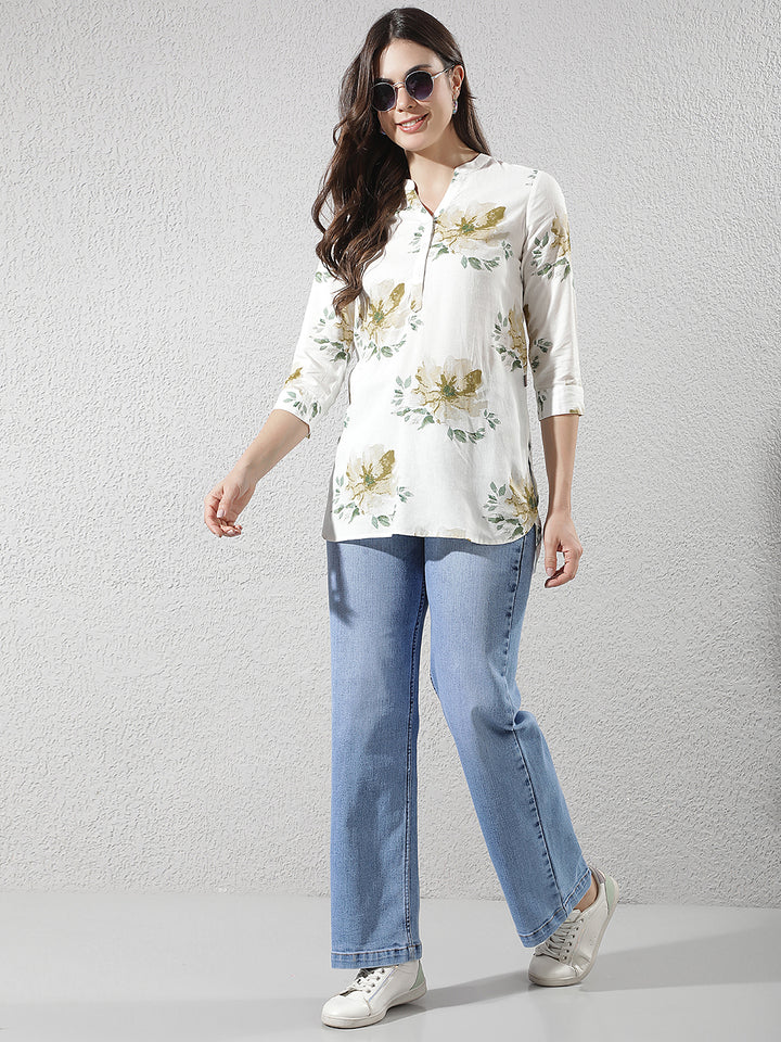 Green Floral Print Longline Linen Top