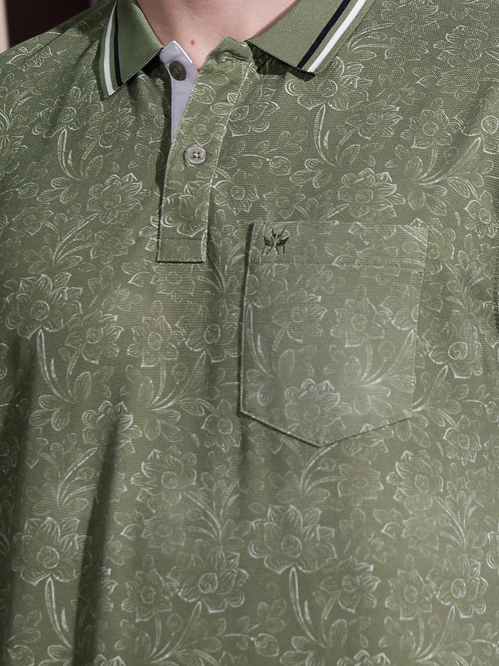 Green Floral Print Polo Neck T-Shirt