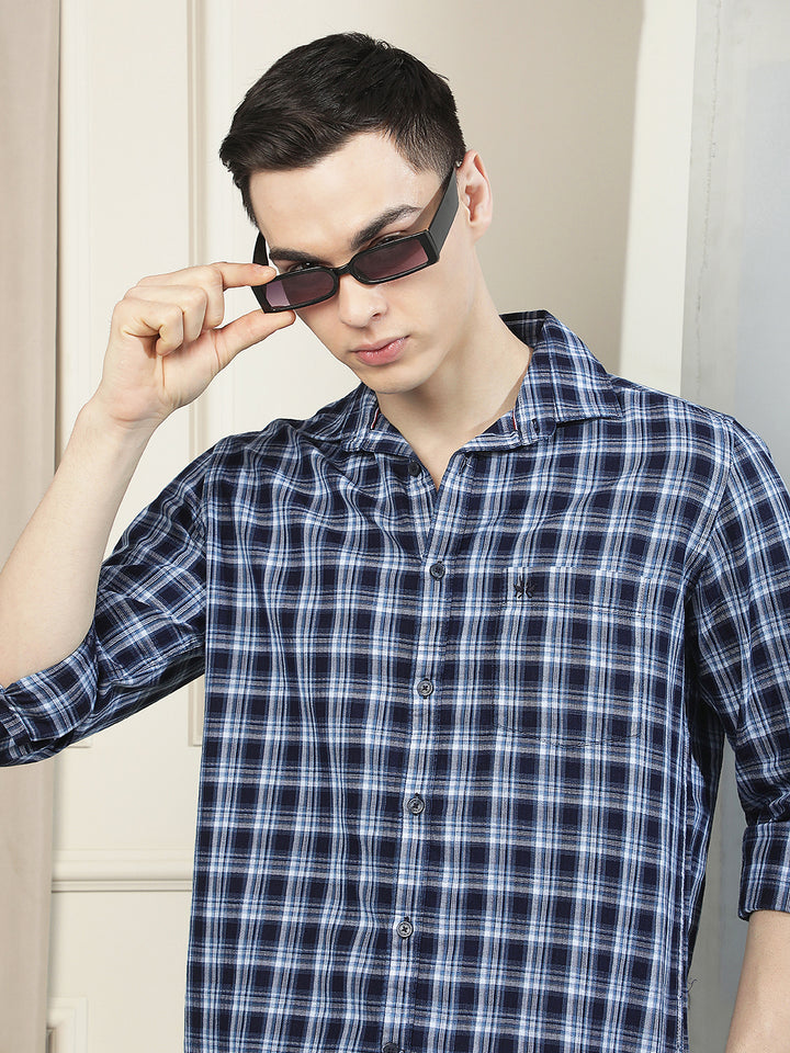 Navy Blue 100% Cotton Checked Shirt