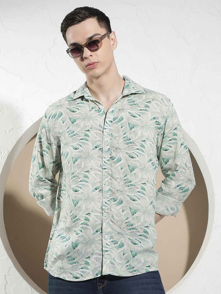 Green Floral Print Linen Shirt