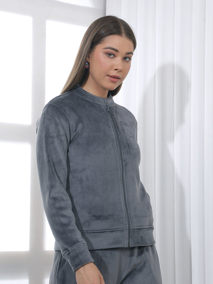 Grey Embellished Mock Neck Sweatshirt