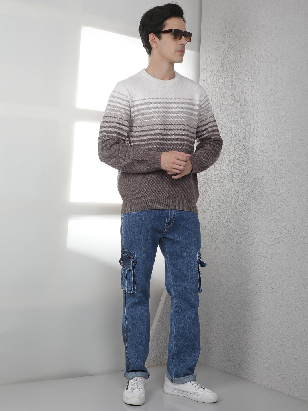 Brown Horizontal Stripes Round Neck Sweater