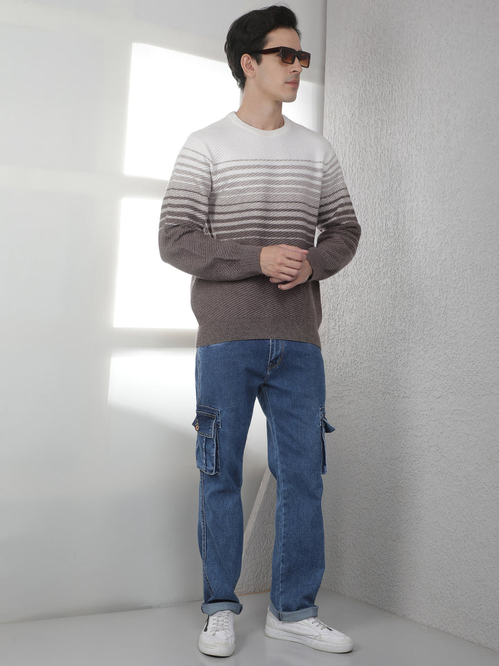 Brown Horizontal Stripes Round Neck Sweater