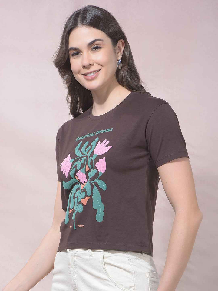 Brown Floral Print Cropped T-Shirt