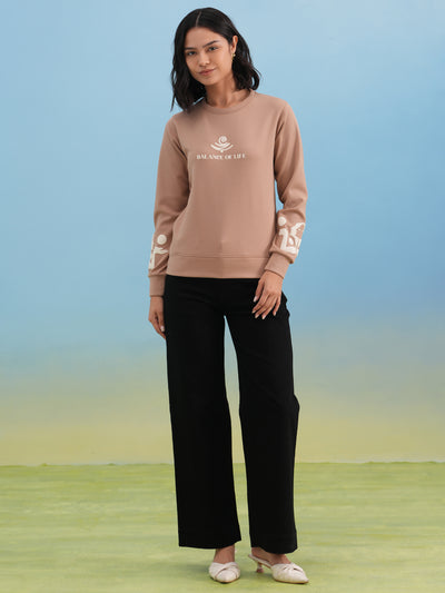 Beige Typographic Print Sweatshirt