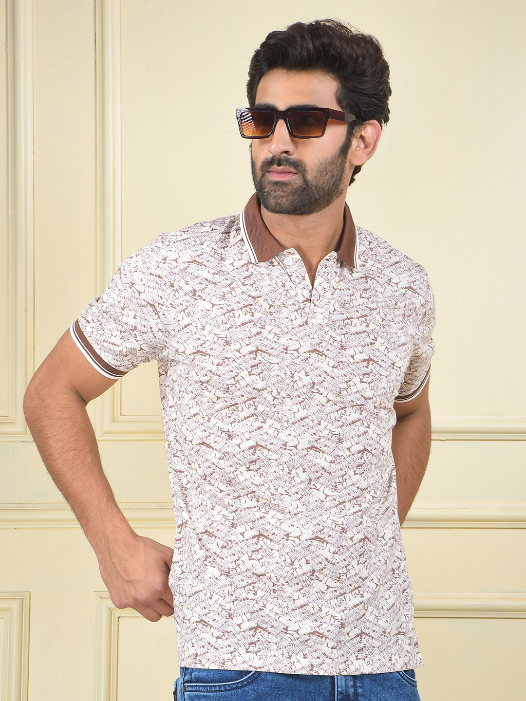 Brown Printed Polo Neck T-Shirt